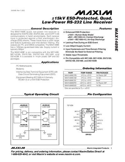 MAXIM MAX1489E Quad Low-Power RS-232 Line Receiver Datasheet - cover page