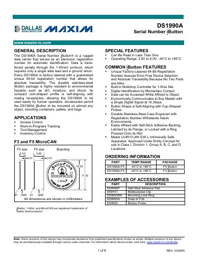 Maxim DS1990A Serial Number iButton Handbook - cover page