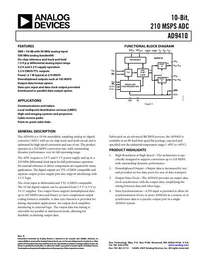 Analog Devices AD9410 ADC Datasheet Rev A - cover page