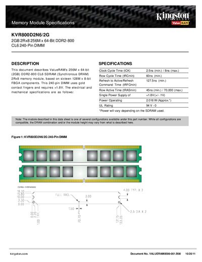 Kingston KVR800D2N6/2G Memory Module Datasheet - cover page