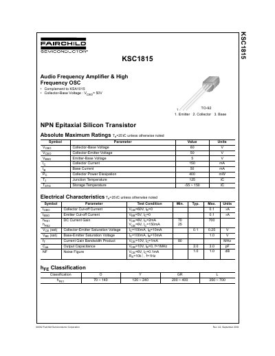 Fairchild Semiconductor KSC1815 NPN Epitaxial Silicon Transistor Datasheet - cover page