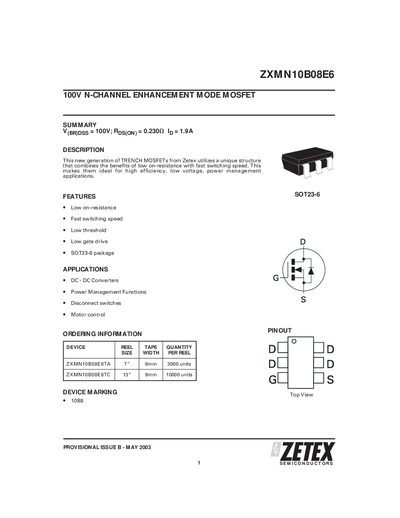 Zetex ZXMN10B08E6 N‑Channel MOSFET Datasheet - cover page