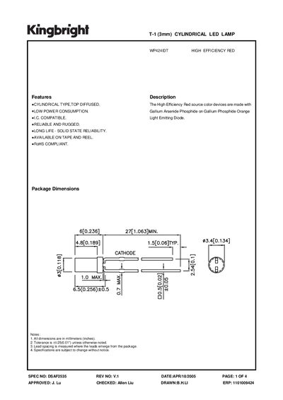 KINGBRIGHT T-1 (3mm) CYLINDRICAL LED LAMP WP424IDT Manual - cover page