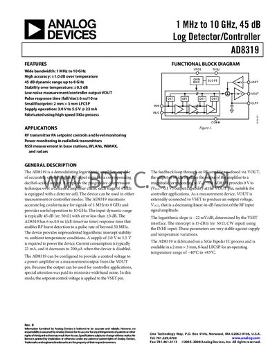 Analog Devices AD8319 Log Detector Datasheet - cover page