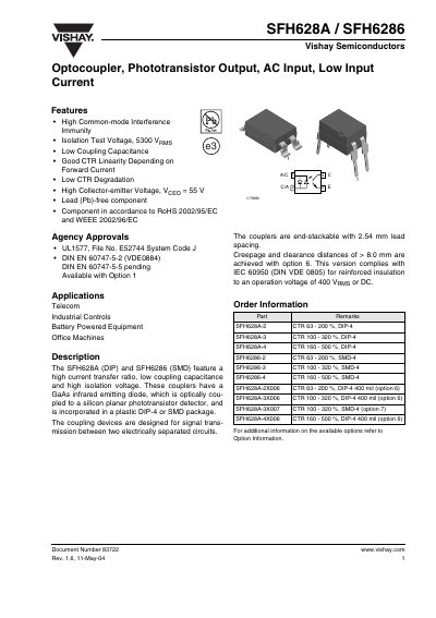 Vishay SFH628A / SFH6286 Optocoupler Datasheet - cover page