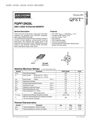 Fairchild FQPF12N20L 200V Logic N-Channel MOSFET Datasheet - cover page