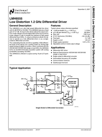 National Semiconductor LMH6555 Low Distortion 1.2 GHz Differential Driver Datasheet - cover page