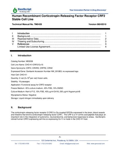 GENSCRIPT Human Recombinant Corticotropin Releasing Factor Receptor CRF2 Stable Cell Line Version 06042010 user manual - cover page
