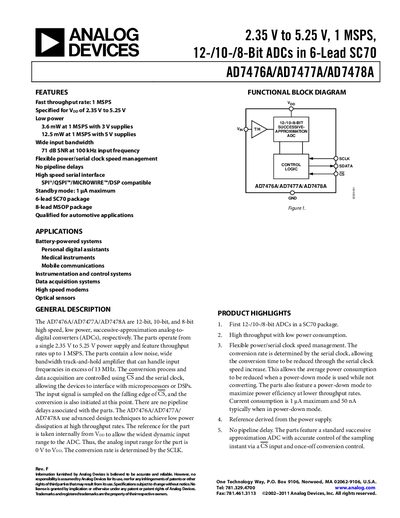 Analog Devices AD7476A/AD7477A/AD7478A Datasheet - cover page