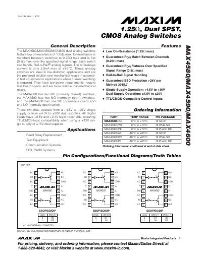 MAXIM MAX4580/MAX4590/MAX4600 1.25 Dual SPST CMOS Analog Switches handbook - cover page