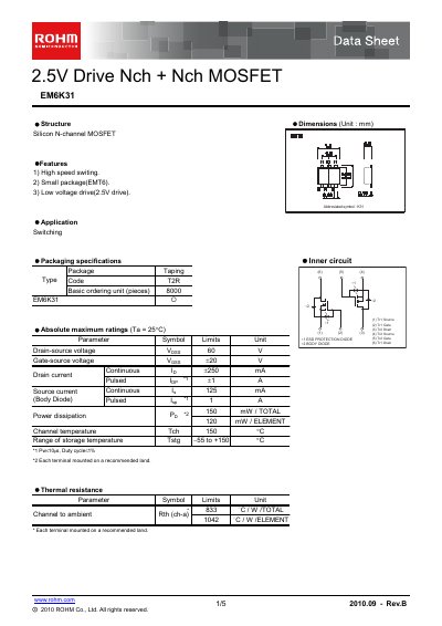 ROHM EM6K31 N-Channel MOSFET Data Sheet - cover page