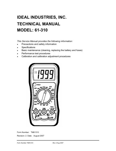 Ideal Industries 61-310 Digital Multimeter Service Manual - cover page