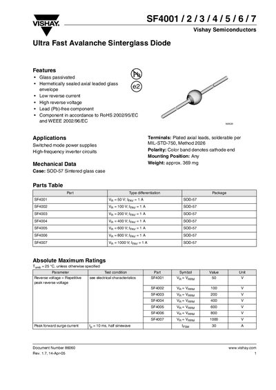 Vishay SF4001‑SF4007 Ultra Fast Avalanche Sintered Glass Diode Datasheet - cover page