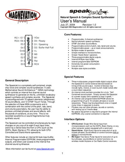 Magnevation SpeakJet Natural Speech & Complex Sound Synthesizer User Manual