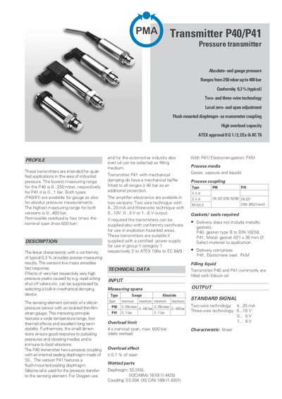PMA P40/P41 Pressure Transmitter Datasheet - cover page