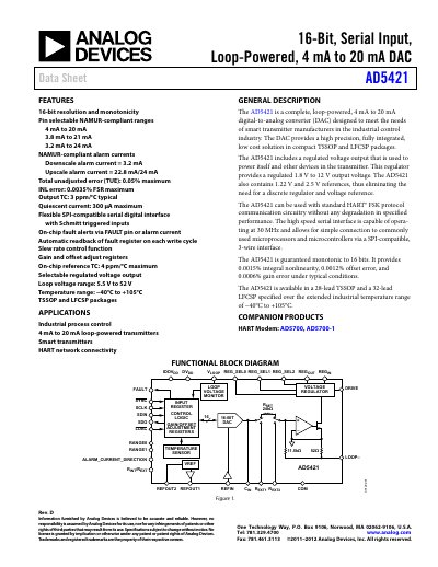 Analog Devices AD5421 16‑Bit DAC Data Sheet - cover page