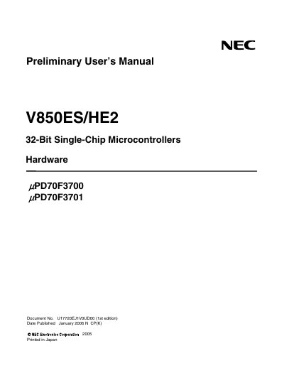 NEC V850ES/HE2 32-Bit Single-Chip Microcontroller Hardware Preliminary User Manual - cover page