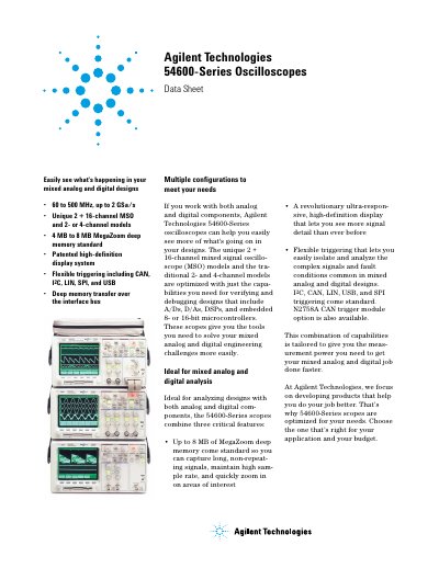 Agilent 54600-Series Oscilloscope Data Sheet - cover page