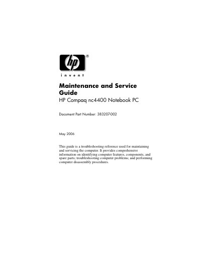 HP nc4400 Notebook PC Maintenance and Service Guide - cover page