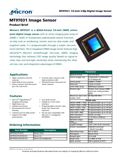 Micron MT9T031 Image Sensor Product Brief - cover page