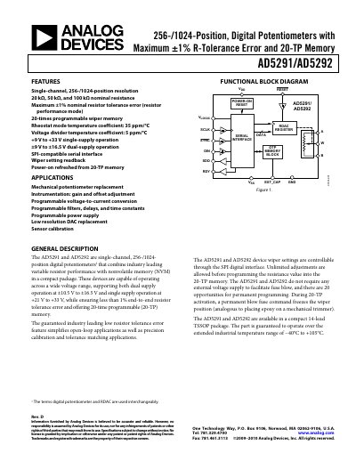 Analog Devices AD5291/AD5292 Datasheet - cover page