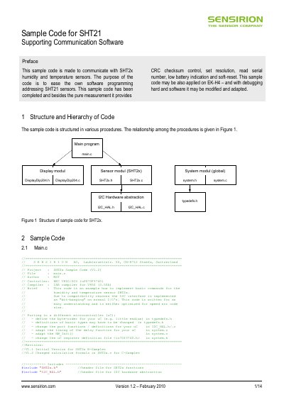 Sensirion SHT21 Sample Code Communication Software - cover page