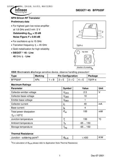 Infineon BFP520F NPN Silicon RF Transistor Datasheet