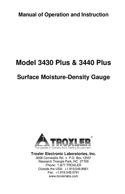 Troxler 3430 Plus & 3440 Plus Surface Moisture-Density Gauge Manual of Operation and Instruction - cover page