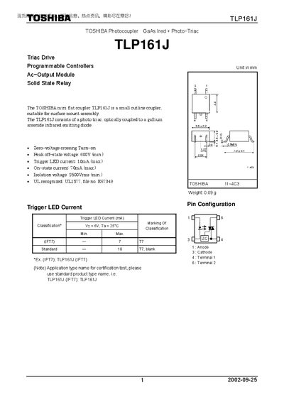 Toshiba TLP161J Photocoupler Datasheet - cover page