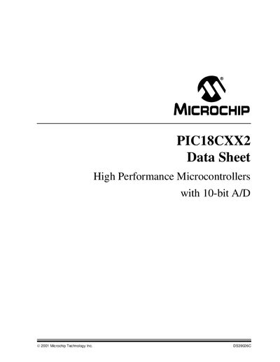 Microchip PIC18CXX2 High Performance Microcontrollers Data Sheet - cover page