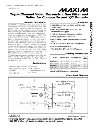 Maxim MAX7443/MAX7444 Triple-Channel Video Reconstruction Filter Datasheet - cover page