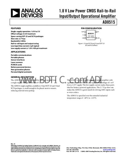Analog Devices AD8515 Operational Amplifier Datasheet - cover page