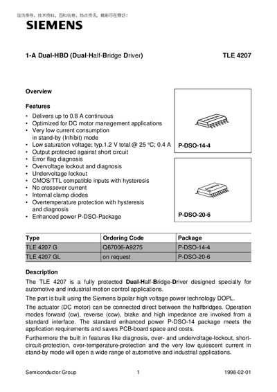 SIEMENS 1-A Dual-HBD (Dual-Half-Bridge Driver) TLE 4207 Manual - cover page