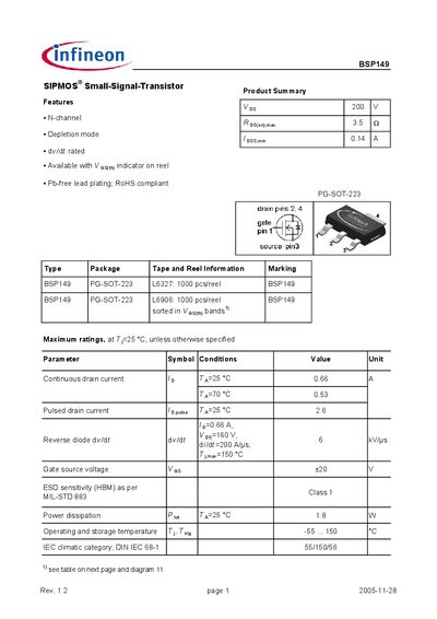 Infineon BSP149 Small‑Signal Transistor Datasheet - cover page