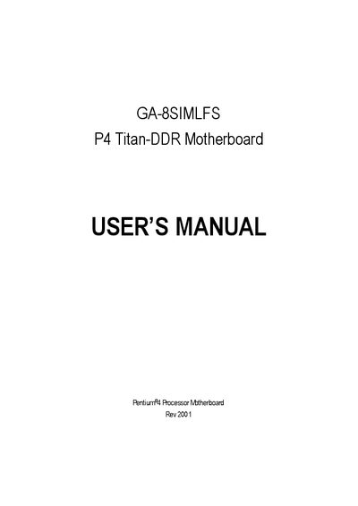 GIGABYTE GA-8SIMLFS P4 Titan-DDR Motherboard USER S MANUAL - cover page