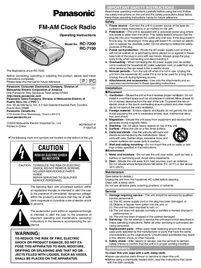 Panasonic RC-7200/RC-7150 FM-AM Clock Radio Operating Instructions - cover page