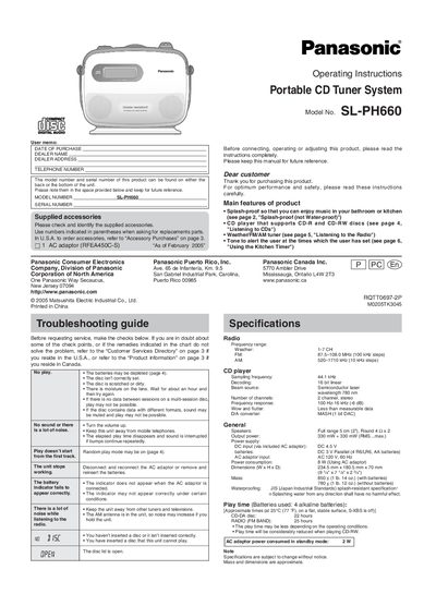 Panasonic SL-PH660 Portable CD Tuner System Operating Instructions - cover page