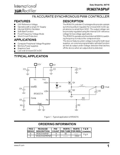 International Rectifier IR3637ASPbF Synchronous Buck Controller Datasheet - cover page