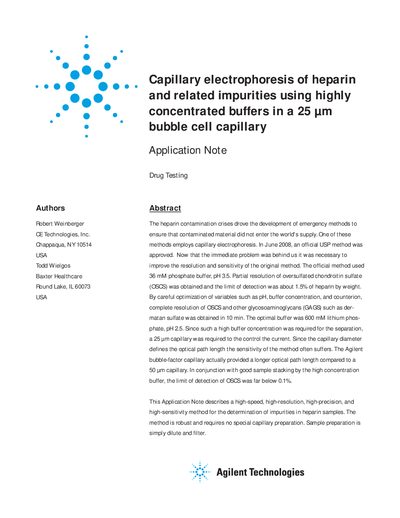 Agilent Technologies G1600 Capillary Electrophoresis Application Note for Heparin Impurities