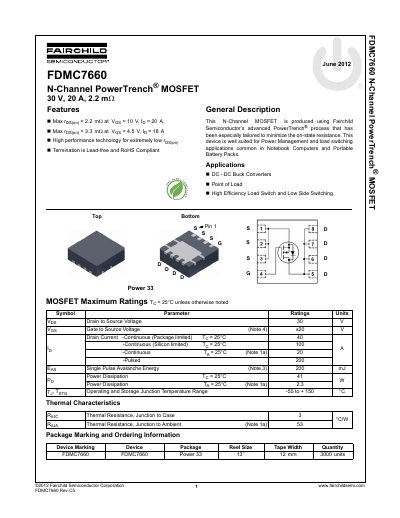 Fairchild Semiconductor FDMC7660 N-Channel PowerTrench MOSFET Datasheet
