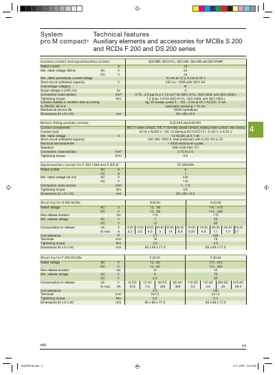 ABB System pro M compact Technical Features Auxiliary Elements and Accessories for MCBs S 200, RCDs F 200 and DS 200 Ser - cover page