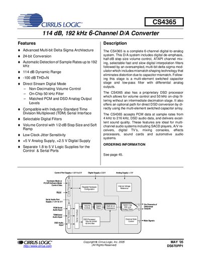 CIRRUS LOGIC CS4365 114 dB 192 kHz 6-Channel D/A Converter handbook - cover page