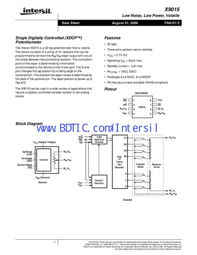 Intersil X9015 Digital Potentiometer Datasheet - cover page