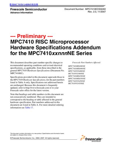 Freescale MPC7410 RISC Microprocessor Hardware Specifications Addendum for the MPC7410xxnnnNE Series Data Sheet - cover page