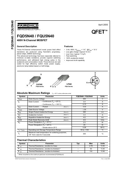 Fairchild Semiconductor FQD5N40/FQU5N40 400V N-Channel MOSFET Datasheet - cover page