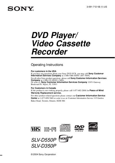 Sony SLV-D550P/D350P DVD Player/VCR User Manual - cover page