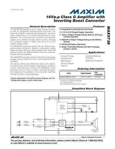 Maxim MAX9738 Class G Amplifier with Inverting Boost Converter Datasheet - cover page