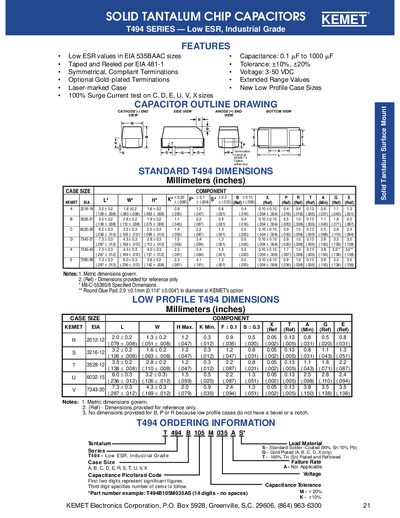 KEMET T494 Solid Tantalum Chip Capacitors Datasheet - cover page