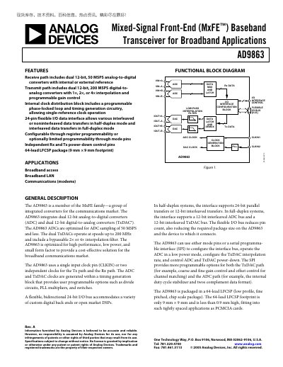 Analog Devices AD9863 Mixed-Signal Front-End (MxFE) Data Sheet - cover page