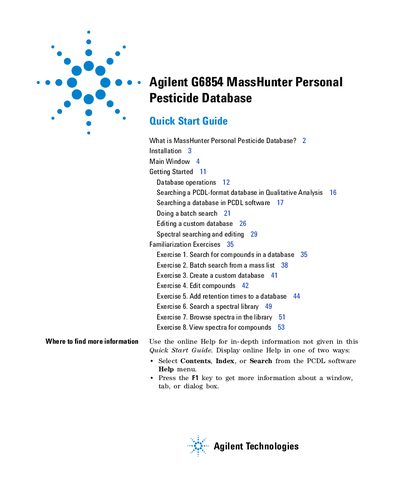 Agilent G6854 MassHunter Personal Pesticide Database Quick Start Guide